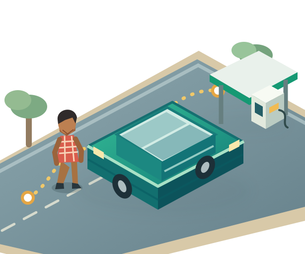 Illustrated driver beside a car on a mapped road near a fuel pump